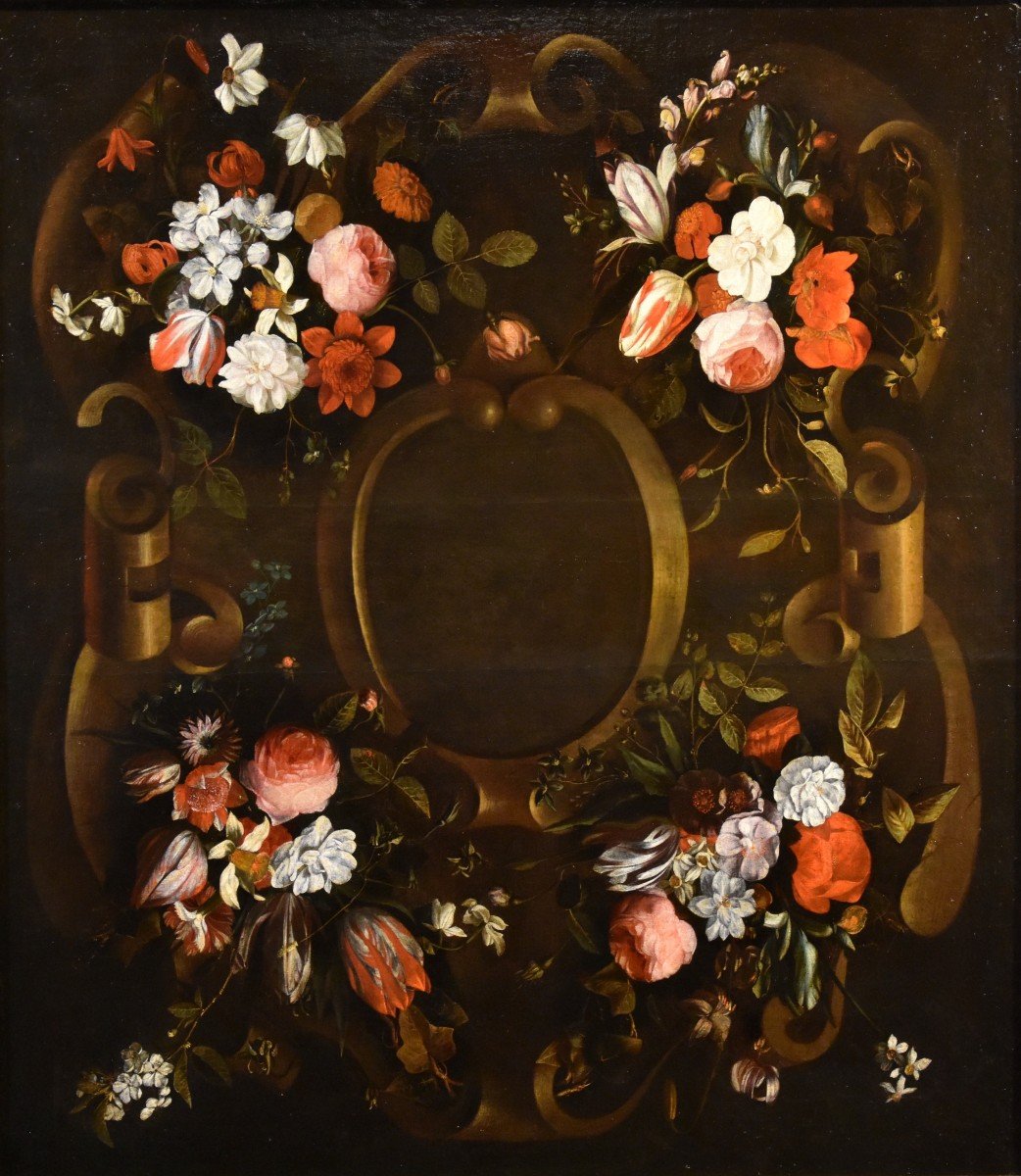 Guirlande De Fleurs Avec Cartouche, Frans Van Everbroeck (anvers, 1628 - Londres 1693)