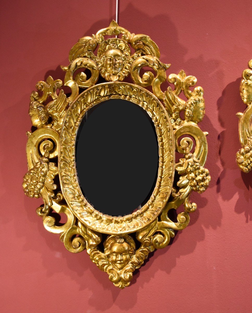 Paire De Miroirs Sculptés Et Dorés 'à La Sansovino', Venise XVIIIe Siècle-photo-2