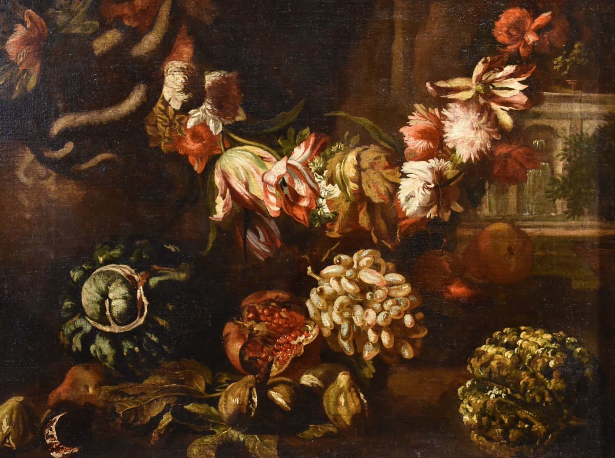 Aniello Ascione (naples,  C. 1680 - 1708), Still Life With Festoon Of Flowers And Fruit-photo-6