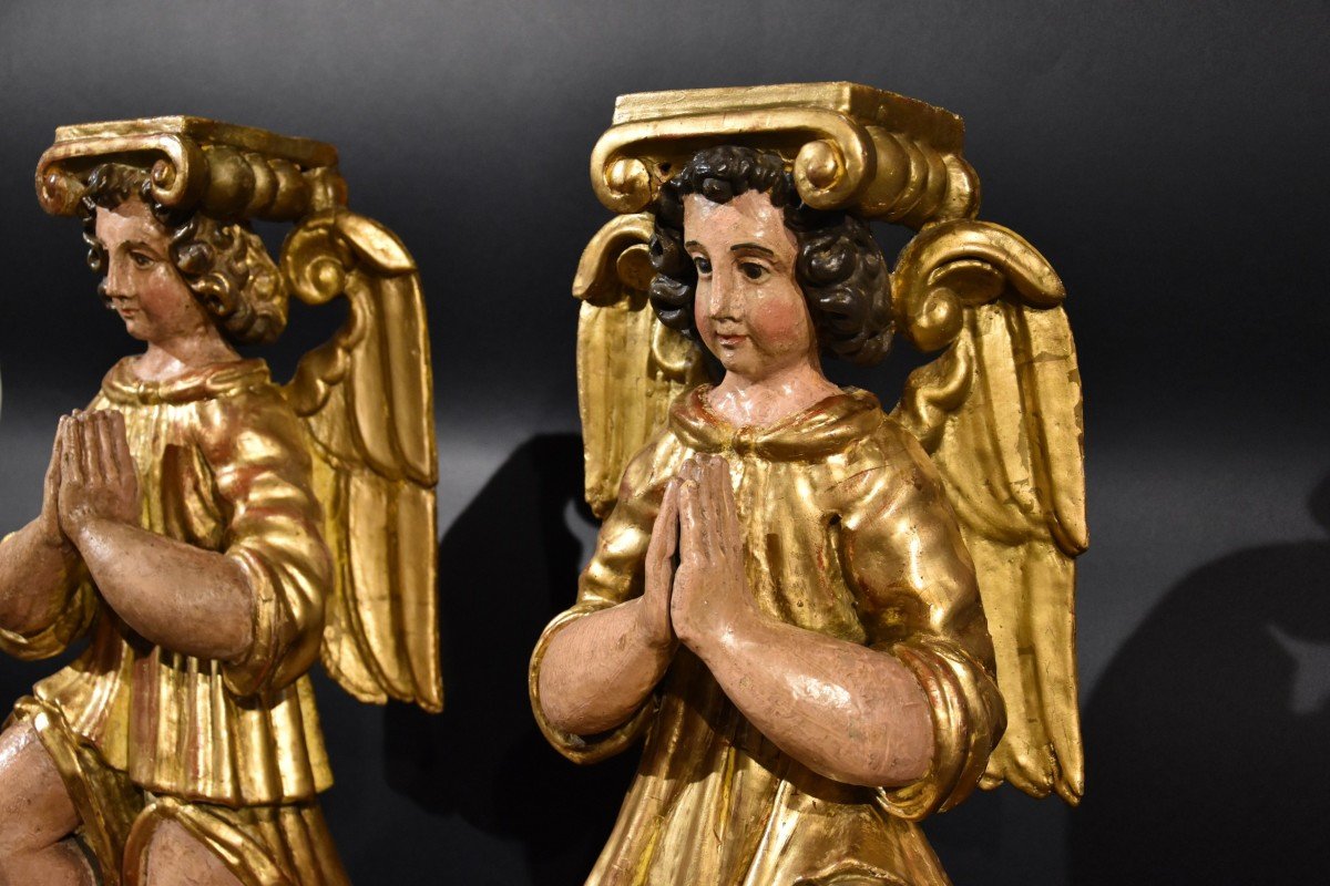 Pair Of Sculptures Of Winged Angels In Wood, Tuscany XVIIth Century-photo-4