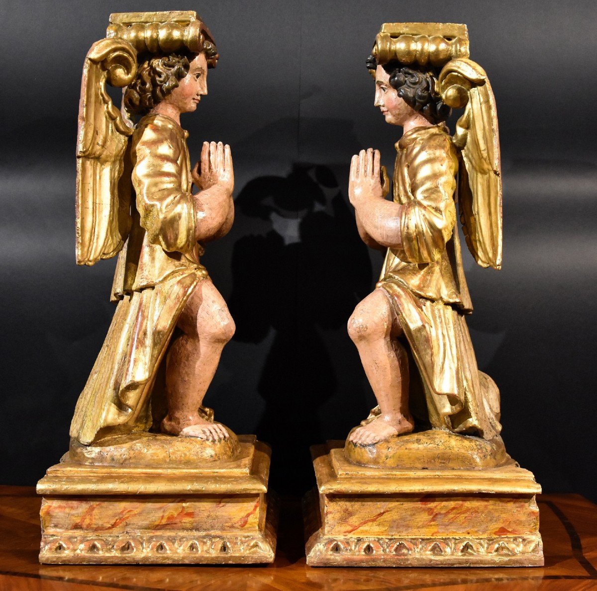 Pair Of Sculptures Of Winged Angels In Wood, Tuscany XVIIth Century-photo-2