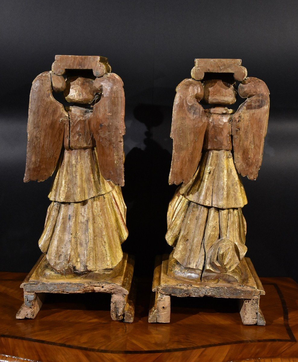 Pair Of Sculptures Of Winged Angels In Wood, Tuscany XVIIth Century-photo-6