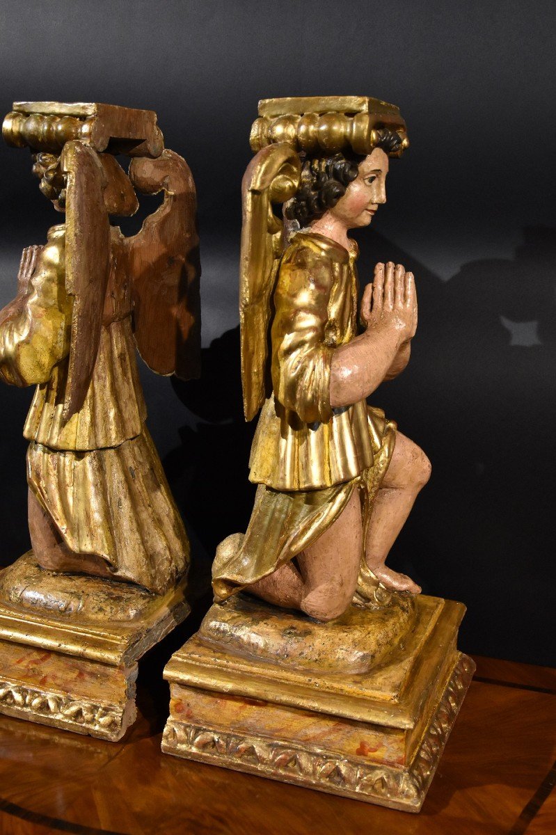 Pair Of Sculptures Of Winged Angels In Wood, Tuscany XVIIth Century-photo-7