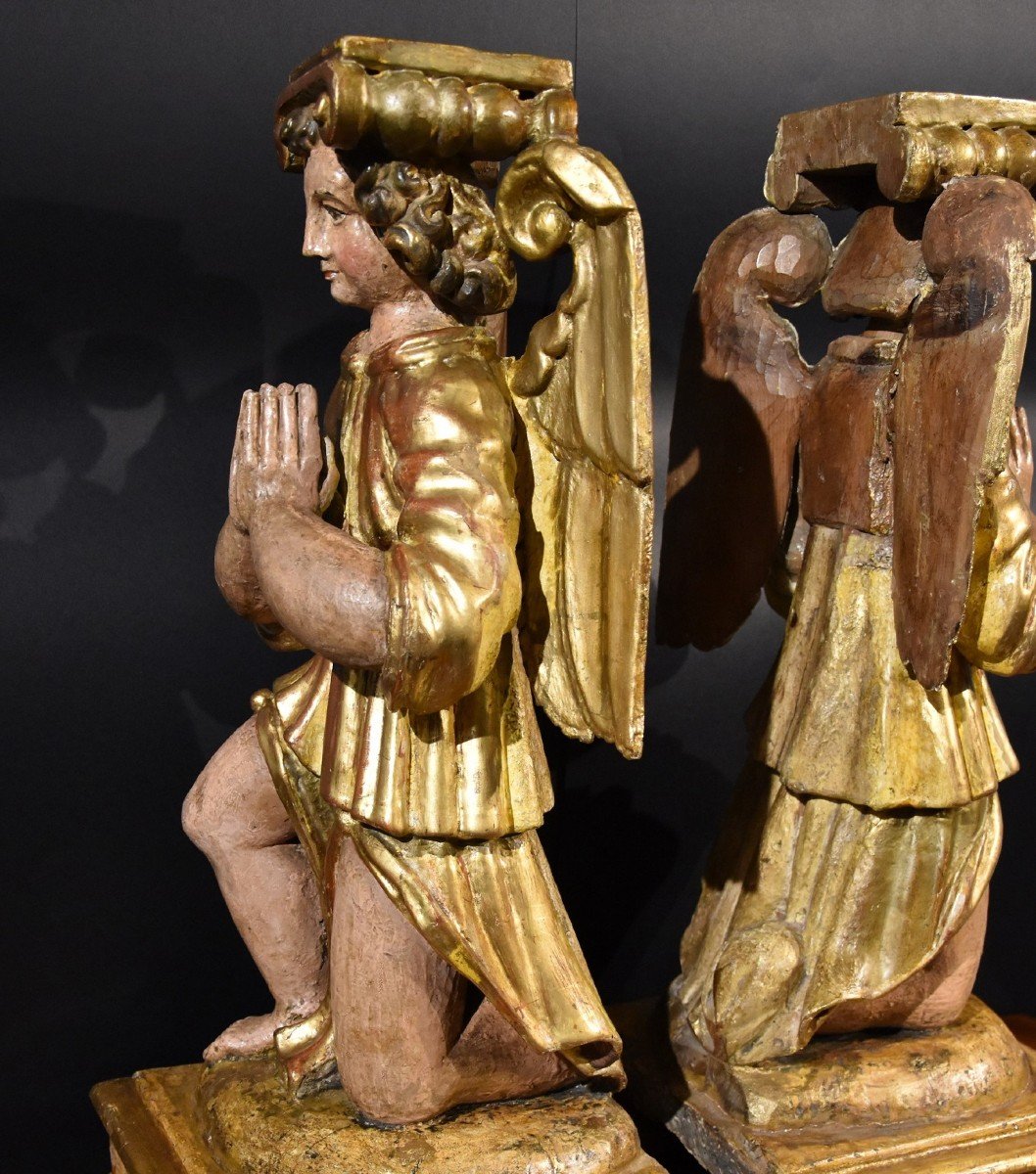 Pair Of Sculptures Of Winged Angels In Wood, Tuscany XVIIth Century-photo-8