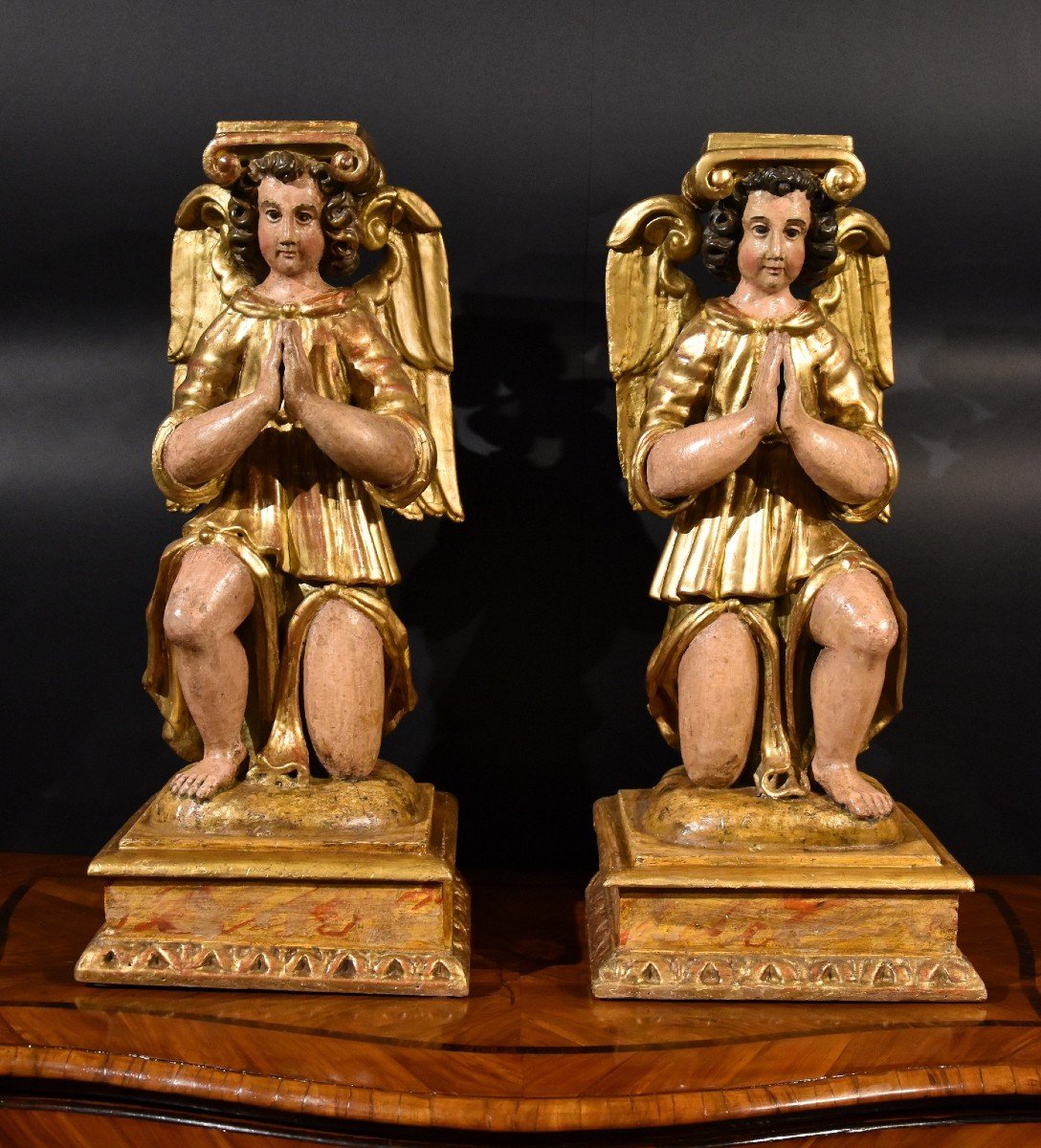 Pair Of Sculptures Of Winged Angels In Wood, Tuscany XVIIth Century