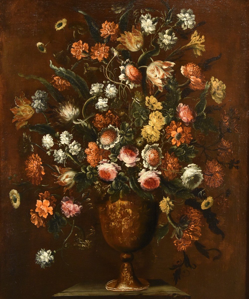 Andrea Scacciati (Florence 1642-1710), Composition De Fleurs Dans Un Vase En Relief (1 De 3)-photo-1