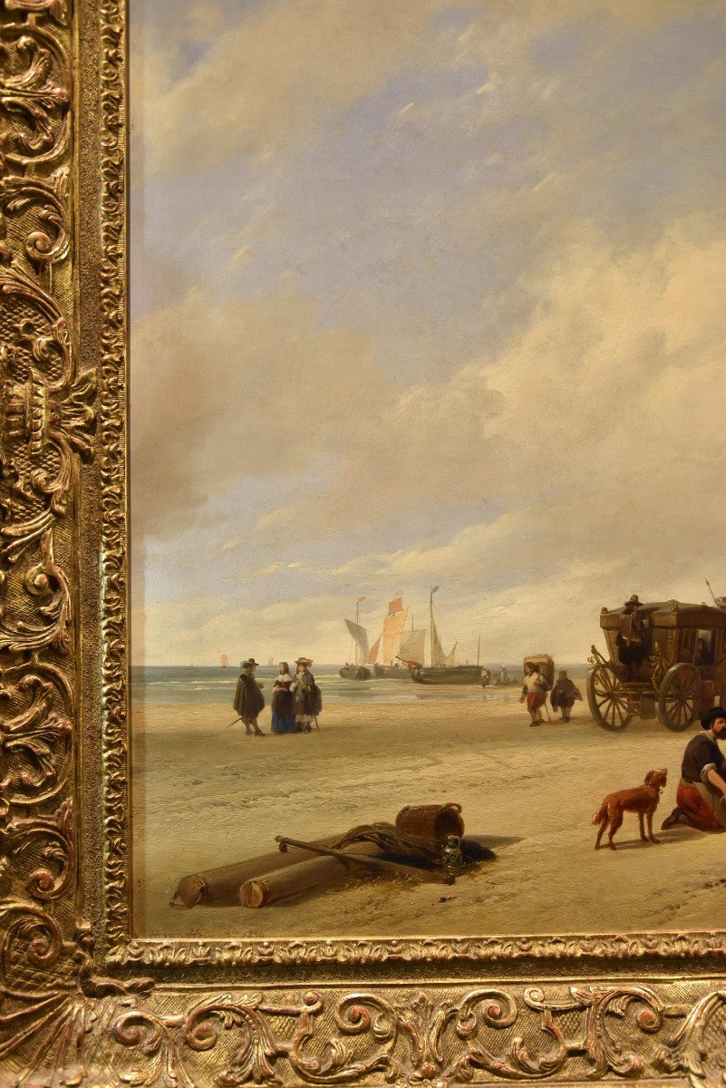 The Beach Of Scheveningen, Hubertus Van Hove (the Hague, 1814 - Antwerp, 1865) Signed-photo-3