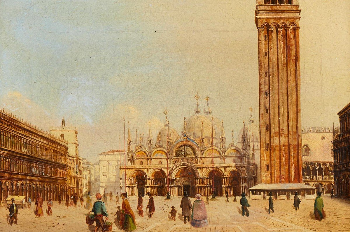 Vue De Venise Avec La Place Saint-Marc, Peintre Védutiste Du 19e Siècle