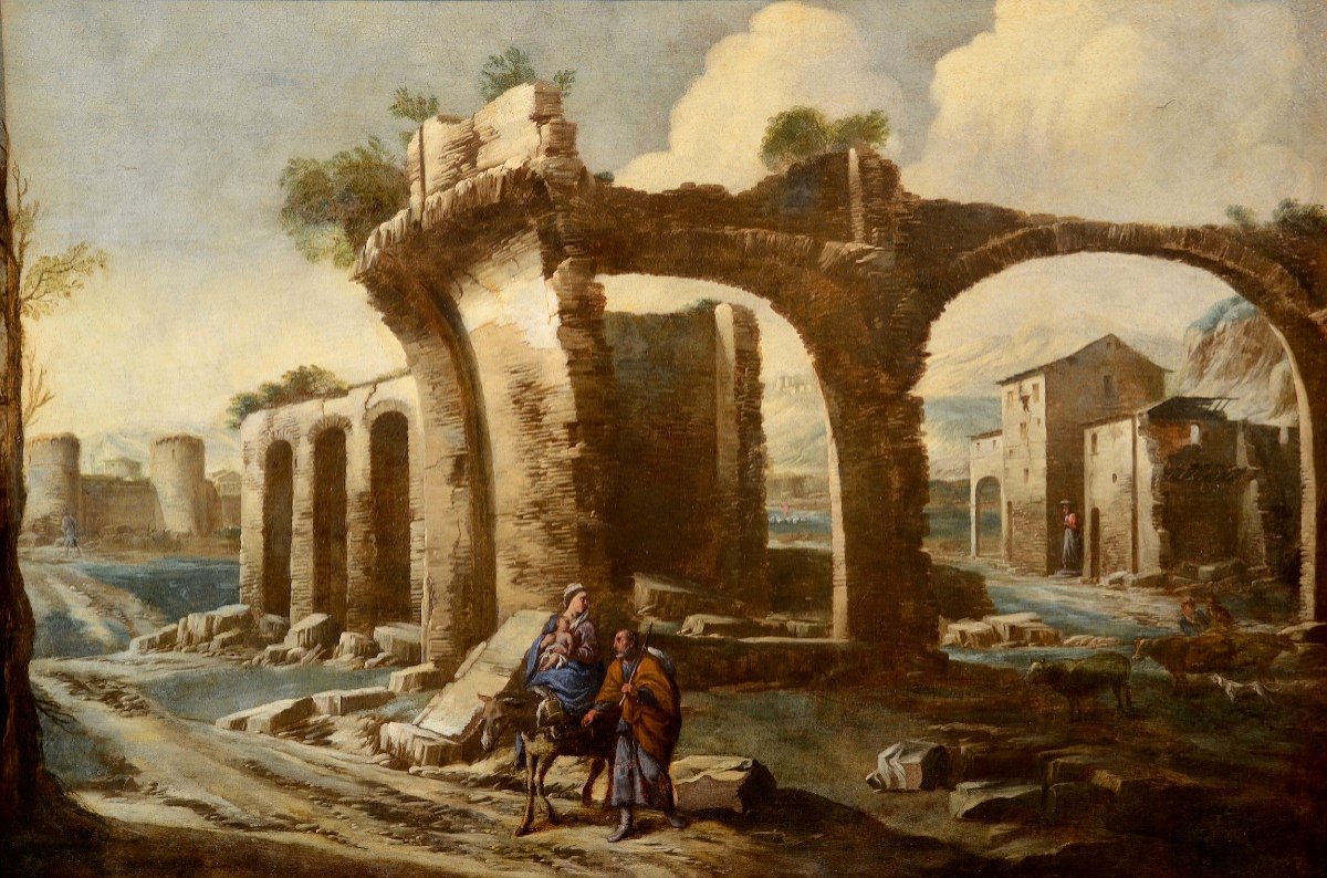 Antonio Travi (Gênes 1608 - 1665), Paysage Avec Ruines Et Scène Biblique