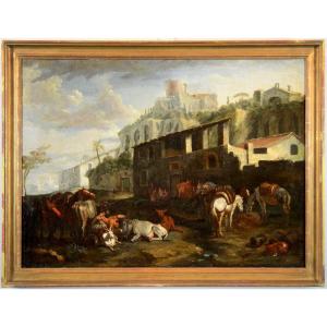 Pieter Van Bloemen (Anvers 1674-1720), Vue De Rome Avec Une Scène De Campagne Au Palatin