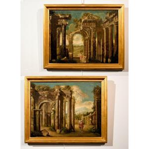 Pair Of Views With Classical Ruins, Niccolò Codazzi (naples 1642 - Genoa 1693) Follower Of 