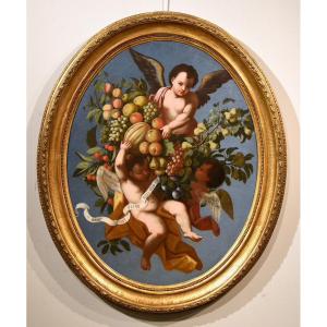 Three Angels Holding A Composition Of Fruits, Luigi Garzi (pistoia 1638 - Rome 1721) Attributed