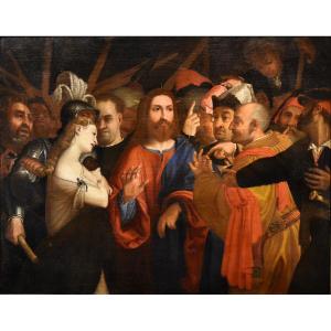Christ And The Adulteress, Workshop Of Lorenzo Lotto (venice, 1480 - Loreto, 1556/1557)