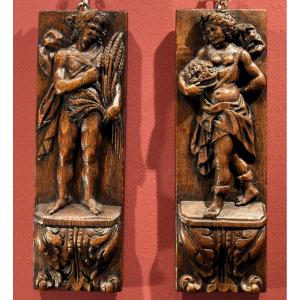 Pair Of Bas-reliefs Allegory Of Spring And Autumn, Flemish Sculptor Of The 17th Century