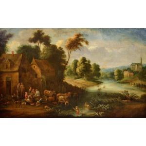 Paysage Fluvial Avec Scène De Village, Adrien Frans Boudewijns (bruxelles1644-1711)