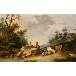 Paysage Avec Rivière Et Bergers Au Repos, Francesco Zuccarelli (1702 - 1788) Cercle De