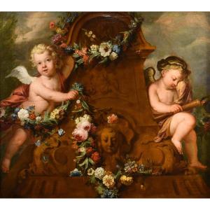 Jacob De Wit (amsterdam, 1695 - 1754), Couple De Cupidons Avec Guirlande De Fleurs