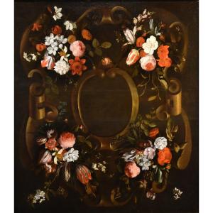 Guirlande De Fleurs Avec Cartouche, Frans Van Everbroeck (anvers, 1628 - Londres 1693)