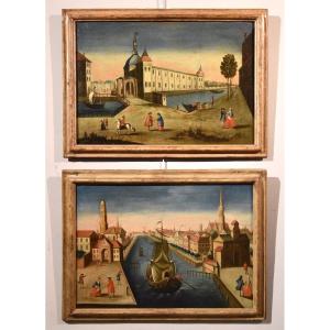 Pair Of Views Of Rotterdam, 18th Century Vedutist Painter