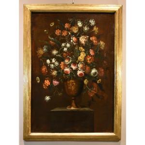 Andrea Scacciati (florence 1642-1710)  Composition Of Flowers Within Embossed Vase  (1 Of 3)