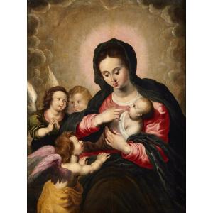 Madonna And Child With Three Angels, Hendrick Van Balen (antwerp 1575 - 1632) Workshop