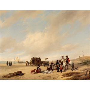 La Plage De Scheveningen, Hubertus Van Hove (la Haye, 1814 - Anvers, 1865) Signé