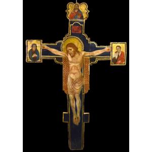 Antique Wooden Crucified Christ With God The Father, The Virgin And St. Joh