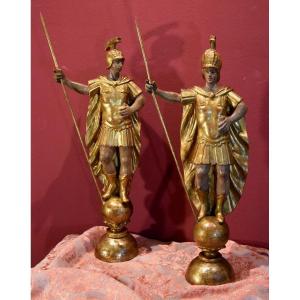 Wooden Sculptures Depicting A Pair Of Full-length Roman Soldiers, Rome, 18th Century