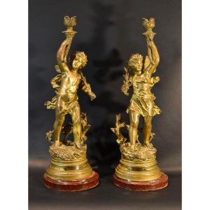 Pair Of Bronze Candlesticks, Ernest Rancoulet (bordeaux 1842 - 1905) Signature