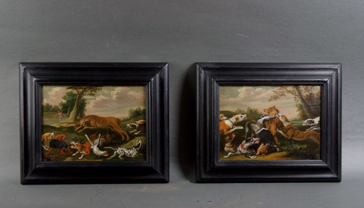 17th Flemish School Pair Of Hunting Scenes Monogrammed Oil On Copper