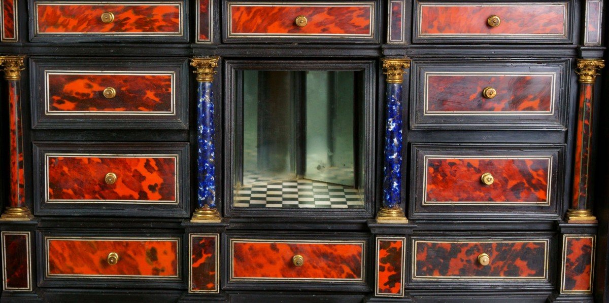 17th Rare Flemish Red Tortoiseshell Marquetry With Theater-photo-3