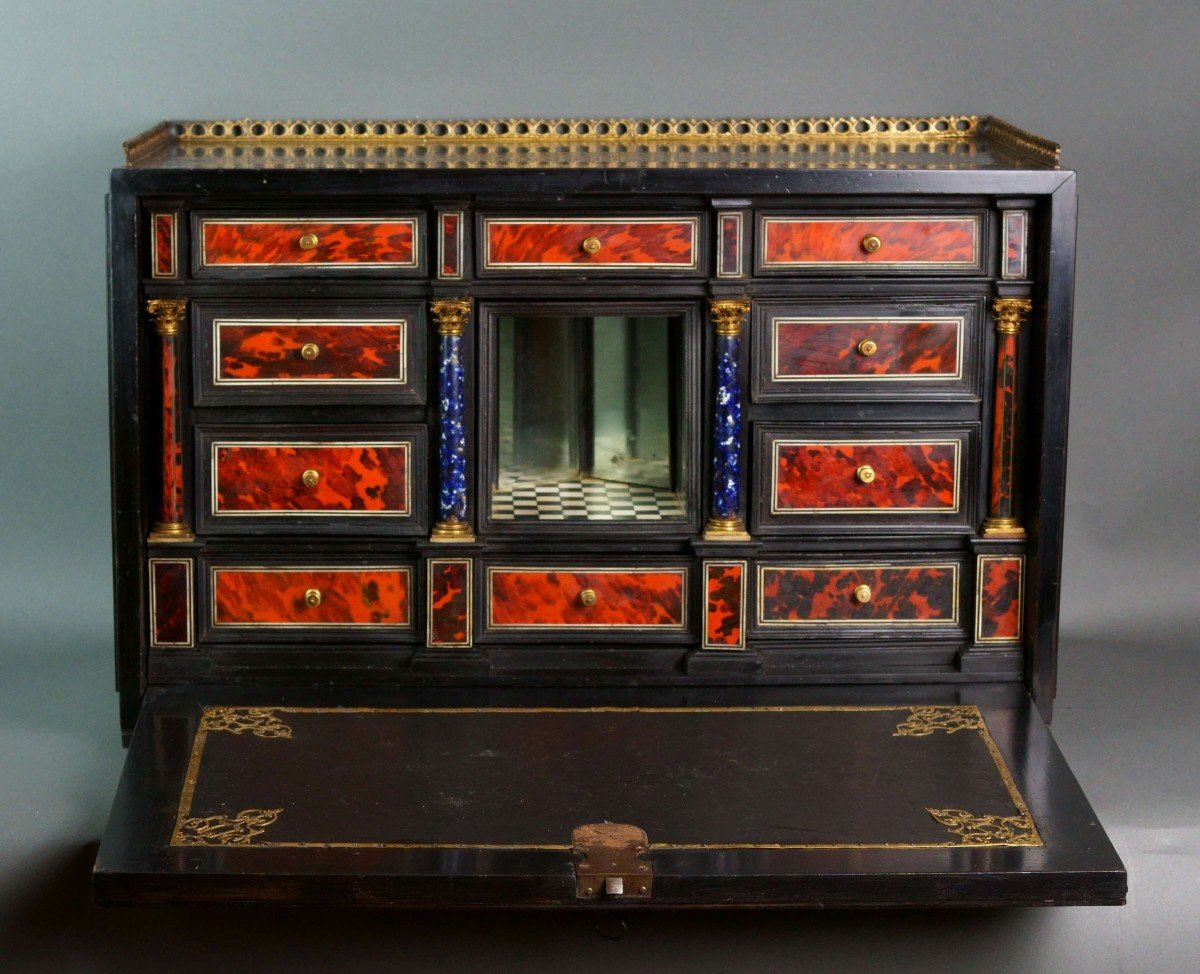 17th Rare Flemish Red Tortoiseshell Marquetry With Theater