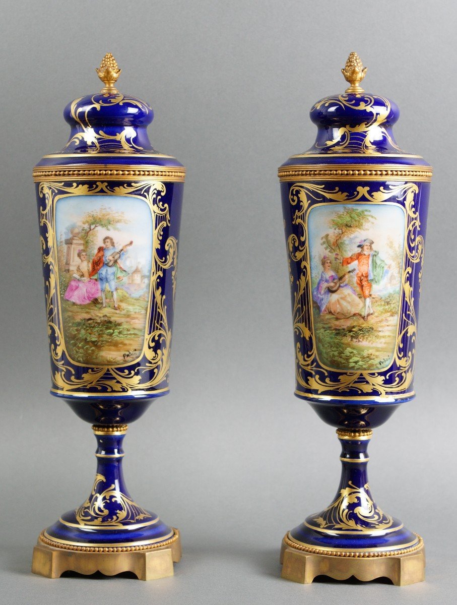 Early 20th Pair Of French Blue Porcelain And Gilt Bronze Vases  In The Sèvres Style 