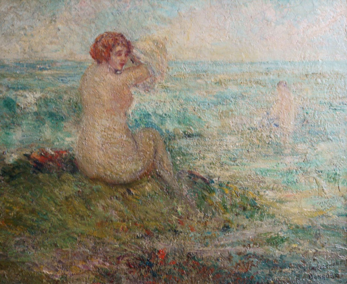 Martin Borgord (1869-1935) "baigneuse à La Plage" Huile Sur Bois Post-impressioniste-photo-2