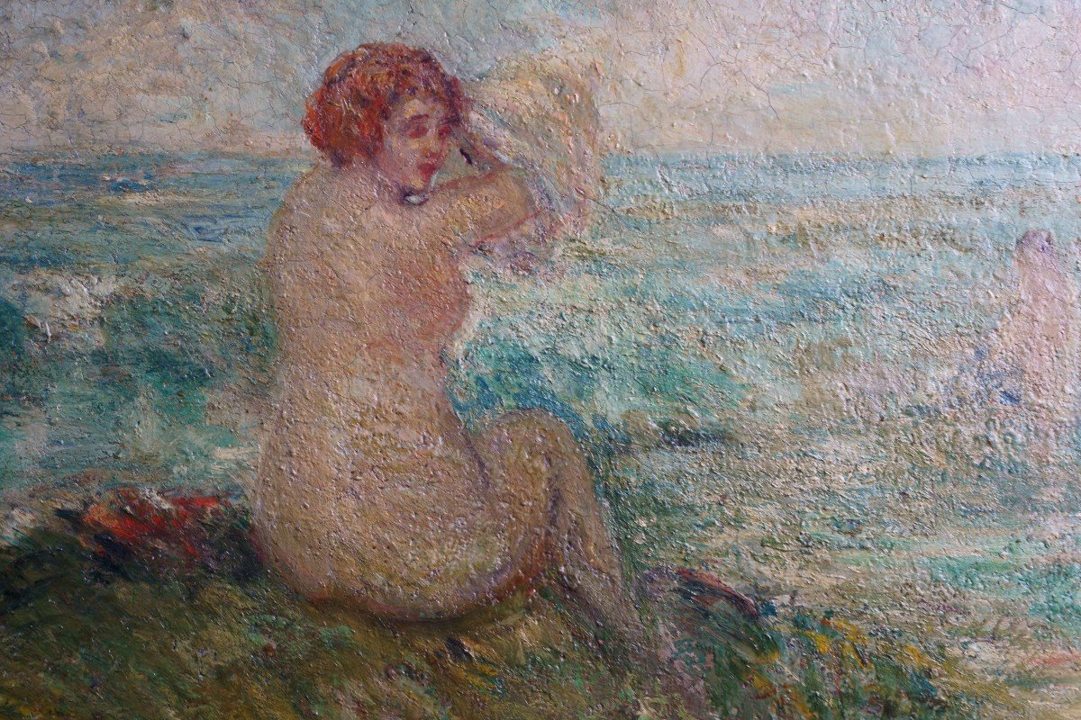 Martin Borgord (1869-1935) "baigneuse à La Plage" Huile Sur Bois Post-impressioniste-photo-3