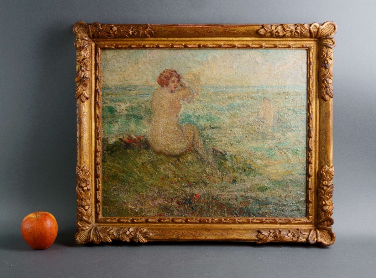 Martin Borgord (1869-1935) "baigneuse à La Plage" Huile Sur Bois Post-impressioniste-photo-3