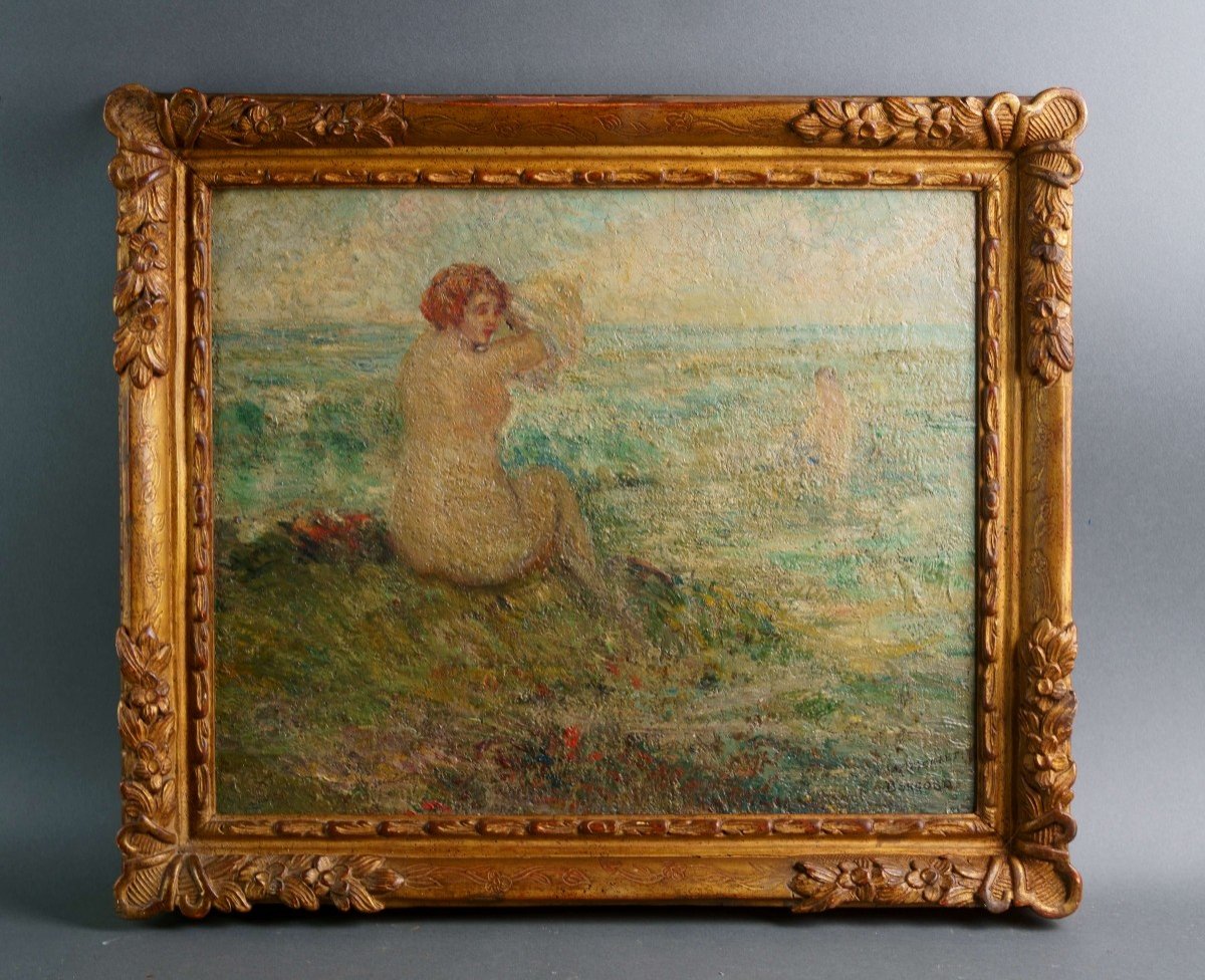 Martin Borgord (1869-1935) "baigneuse à La Plage" Huile Sur Bois Post-impressioniste