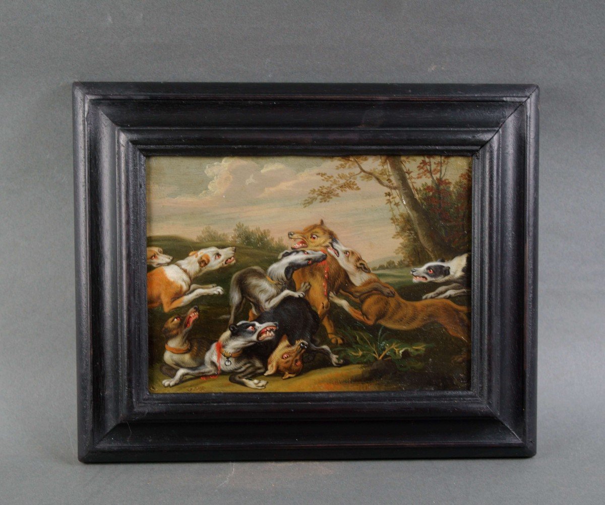 17th Flemish School Pair Of Hunting Scenes Monogrammed Oil On Copper-photo-2