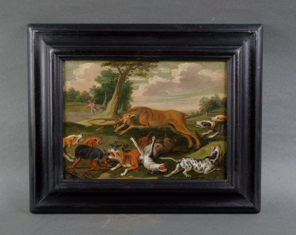 17th Flemish School Pair Of Hunting Scenes Monogrammed Oil On Copper-photo-3