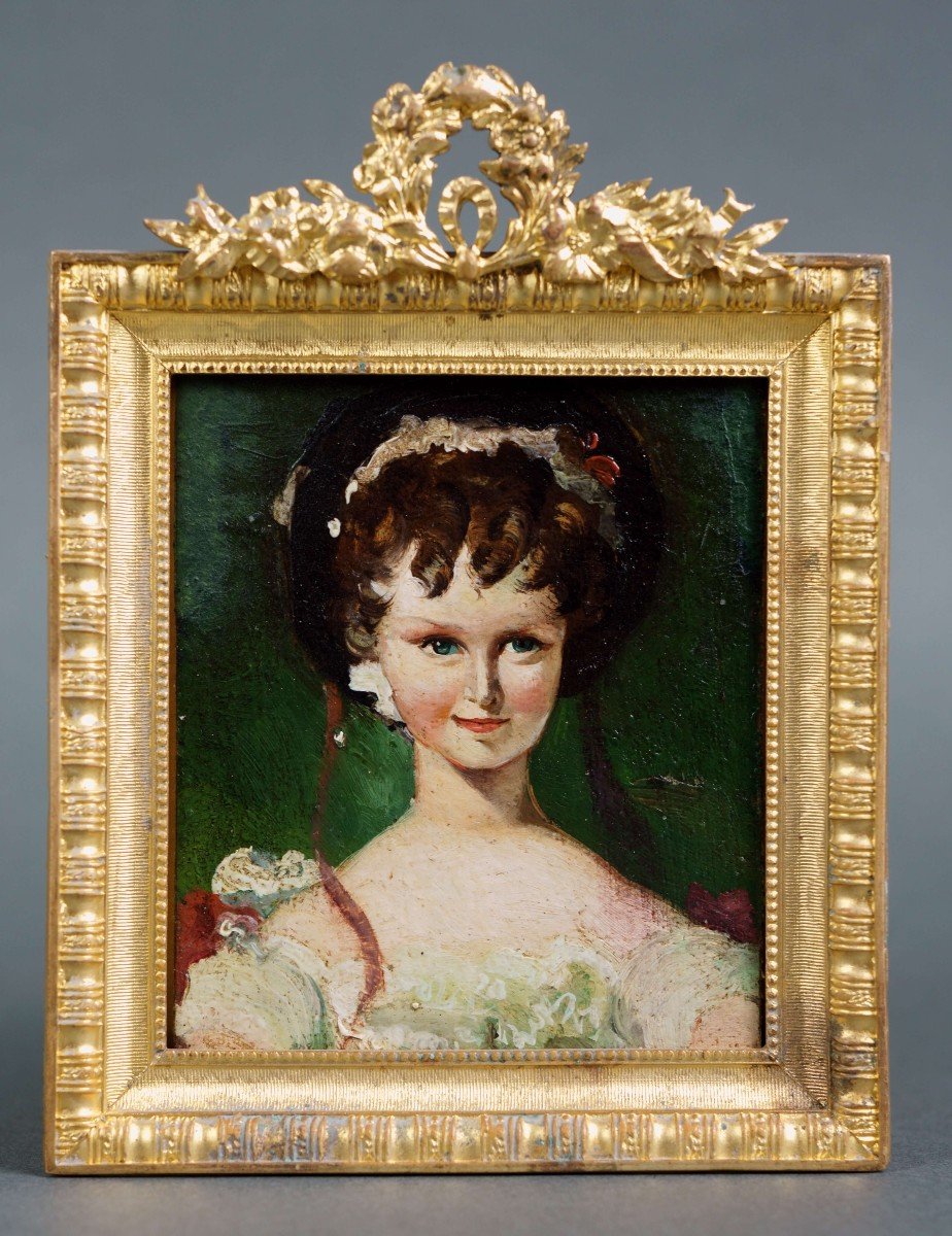 Portrait Miniature Huile Sur Zinc Cadre Bronze Doré  Vers 1860-photo-2