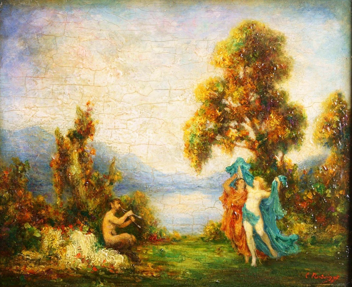 Emile-eugène Nourrigat  "Faune Et Nymphes" Huile Sur Bois Mythologique Avec Cadre-photo-2