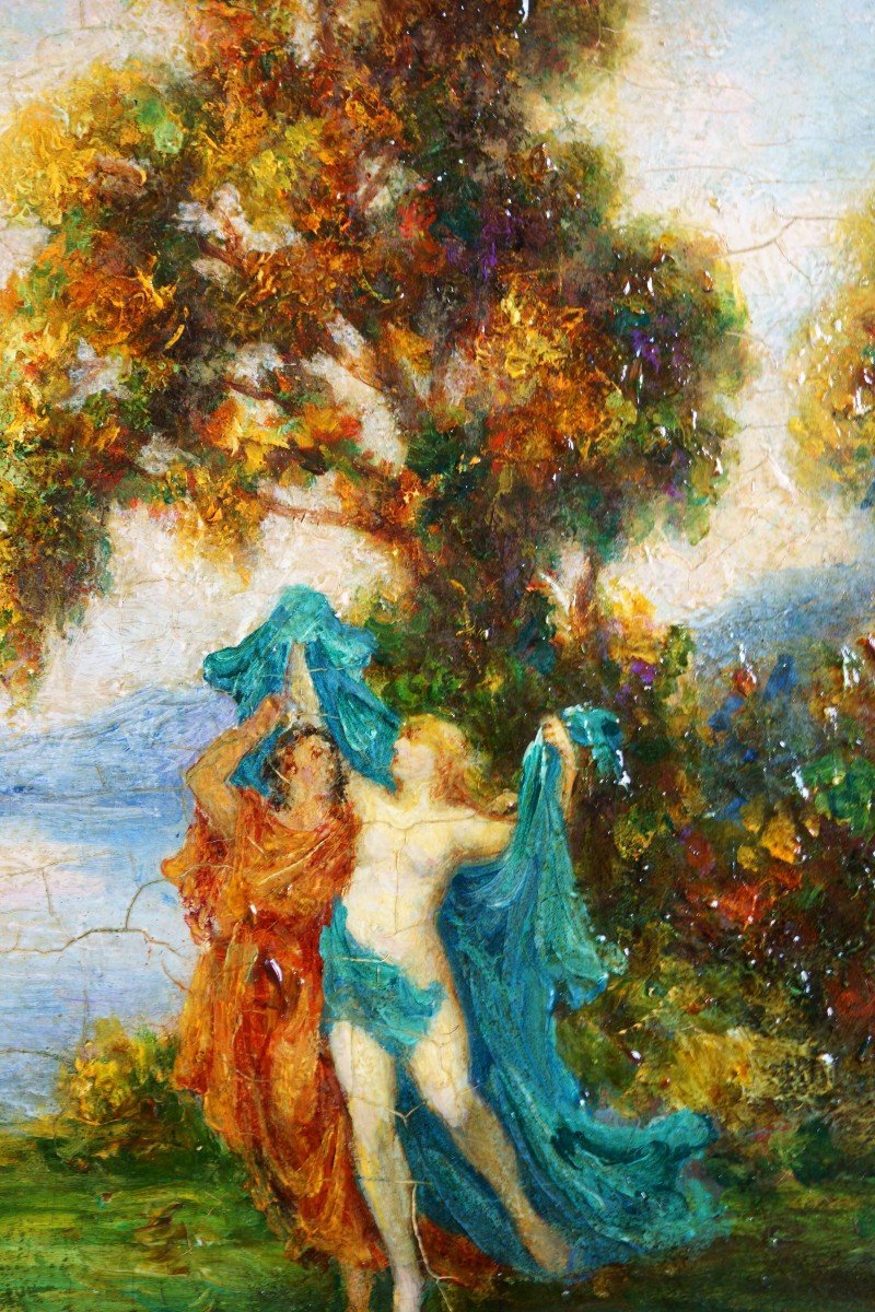 Emile-eugène Nourrigat  "Faune Et Nymphes" Huile Sur Bois Mythologique Avec Cadre-photo-3