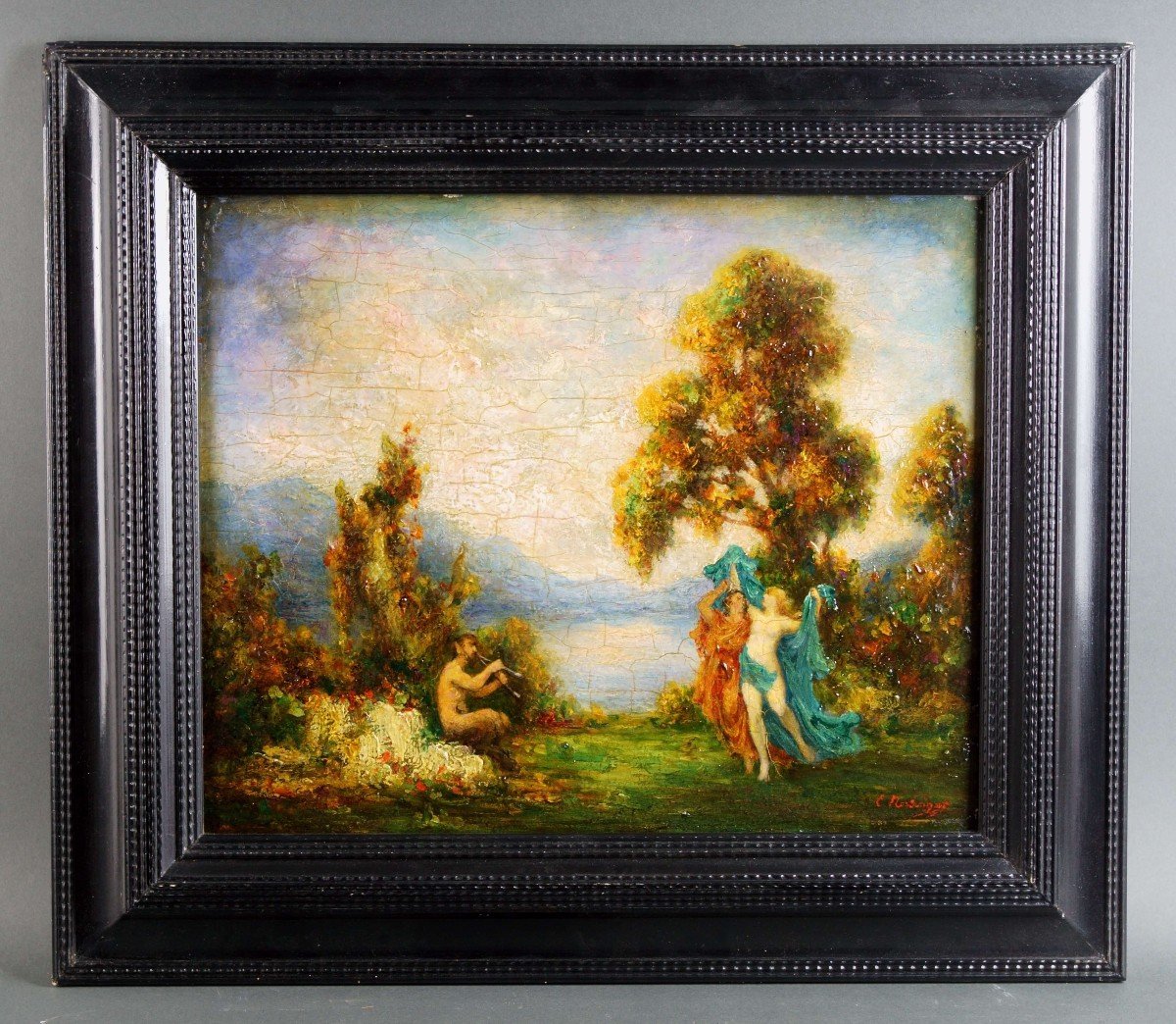 Emile-eugène Nourrigat  "Faune Et Nymphes" Huile Sur Bois Mythologique Avec Cadre