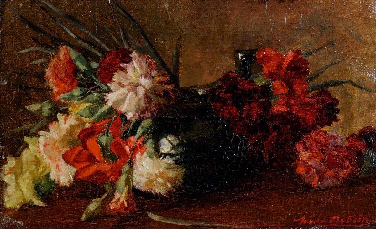 Marie De Bièvre (1865-1940) "nature Morte Aux Fleurs " Huile Sur Toile  Daté 1889 -photo-2