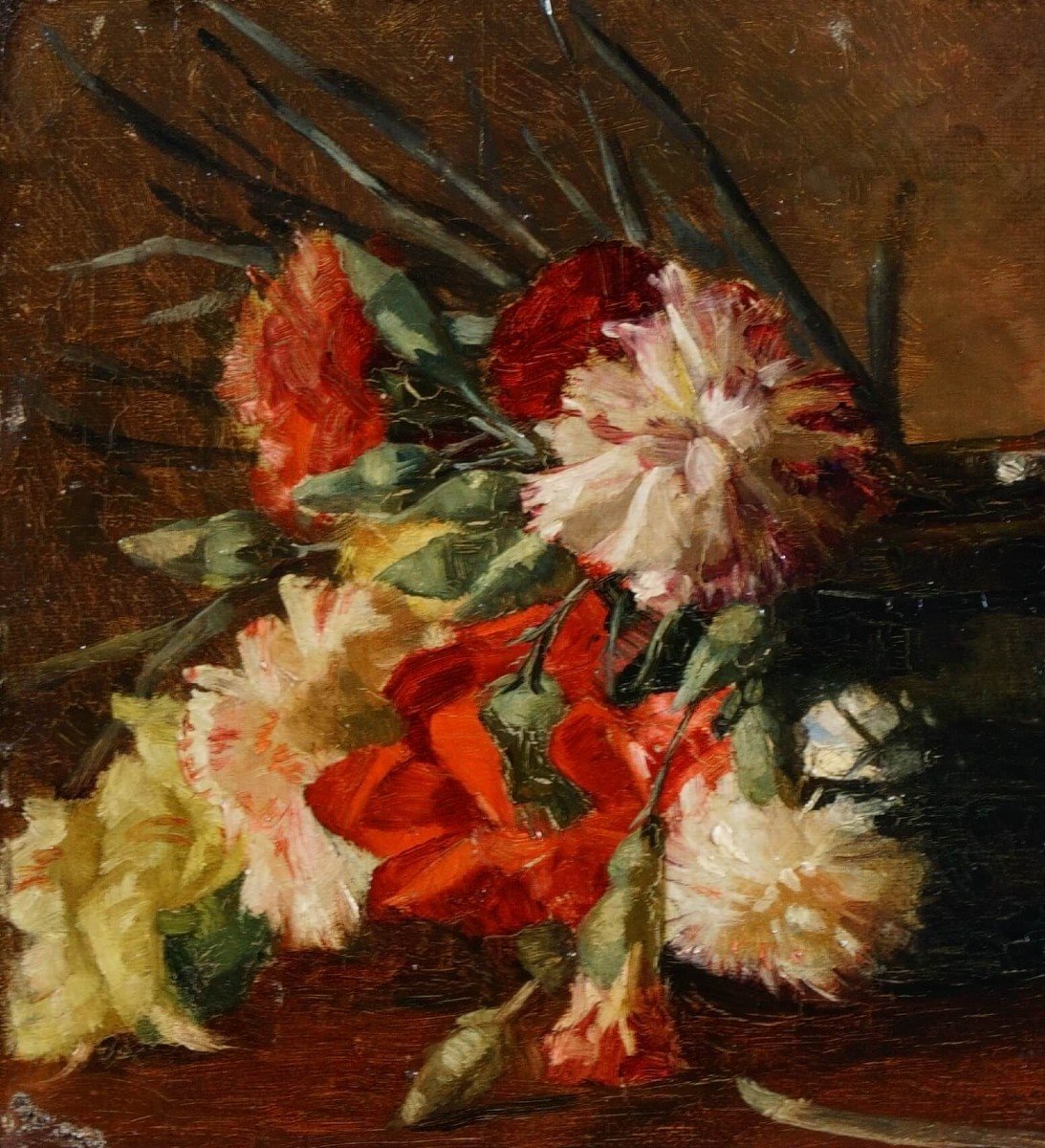 Marie De Bièvre (1865-1940) "nature Morte Aux Fleurs " Huile Sur Toile  Daté 1889 -photo-1