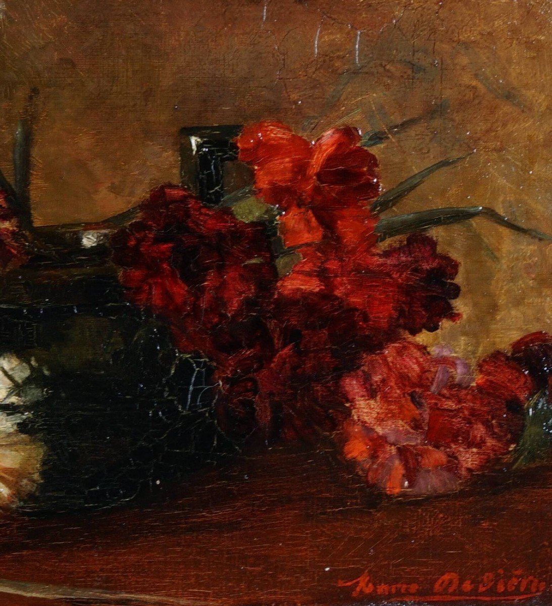 Marie De Bièvre (1865-1940) "nature Morte Aux Fleurs " Huile Sur Toile  Daté 1889 -photo-2