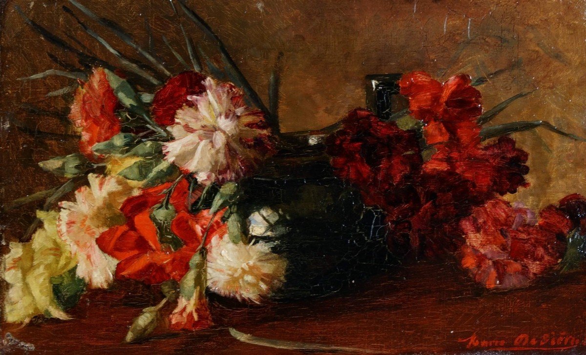 Marie De Bièvre (1865-1940) "nature Morte Aux Fleurs " Huile Sur Toile  Daté 1889 -photo-3