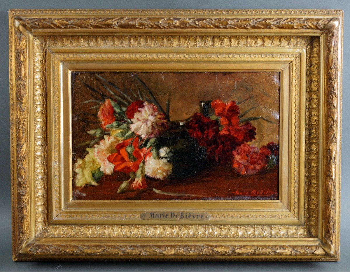 Marie De Bièvre (1865-1940) "nature Morte Aux Fleurs " Huile Sur Toile  Daté 1889 