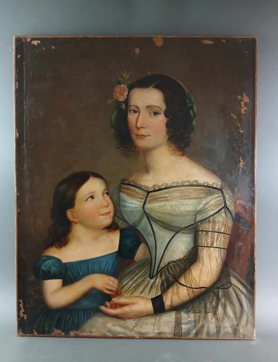 19th Empire Style Large Family Portrait Signed Fanny Gilbert 1851