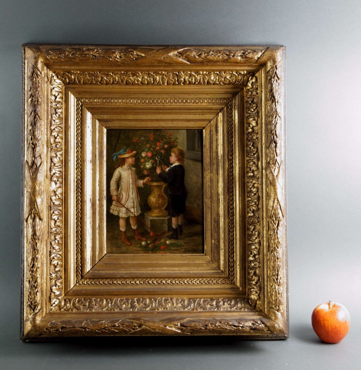 Albert Roosenboom (1845-1893) 19th Belgian School "the Little Gardeners" Gilt Wood Frame-photo-4